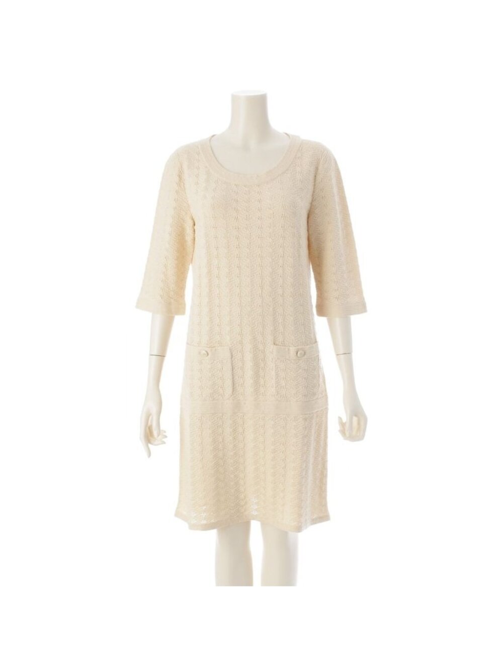 Chanel Cotton Half Sleeve CC Logo Knit Dress Ivory 38